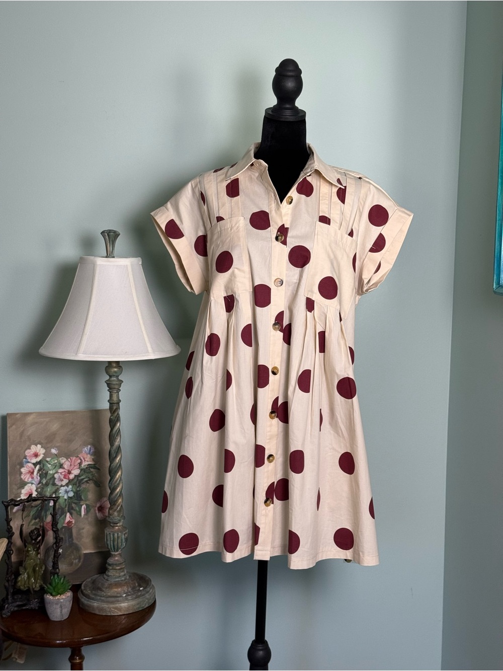 Polka Dot Button-Front Mini Dress - Cream with Burgundy Dots